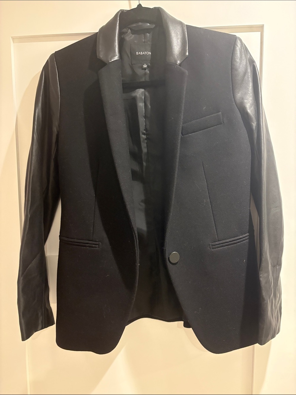 Babaton Black Wool Blazer with Leather Sleeves